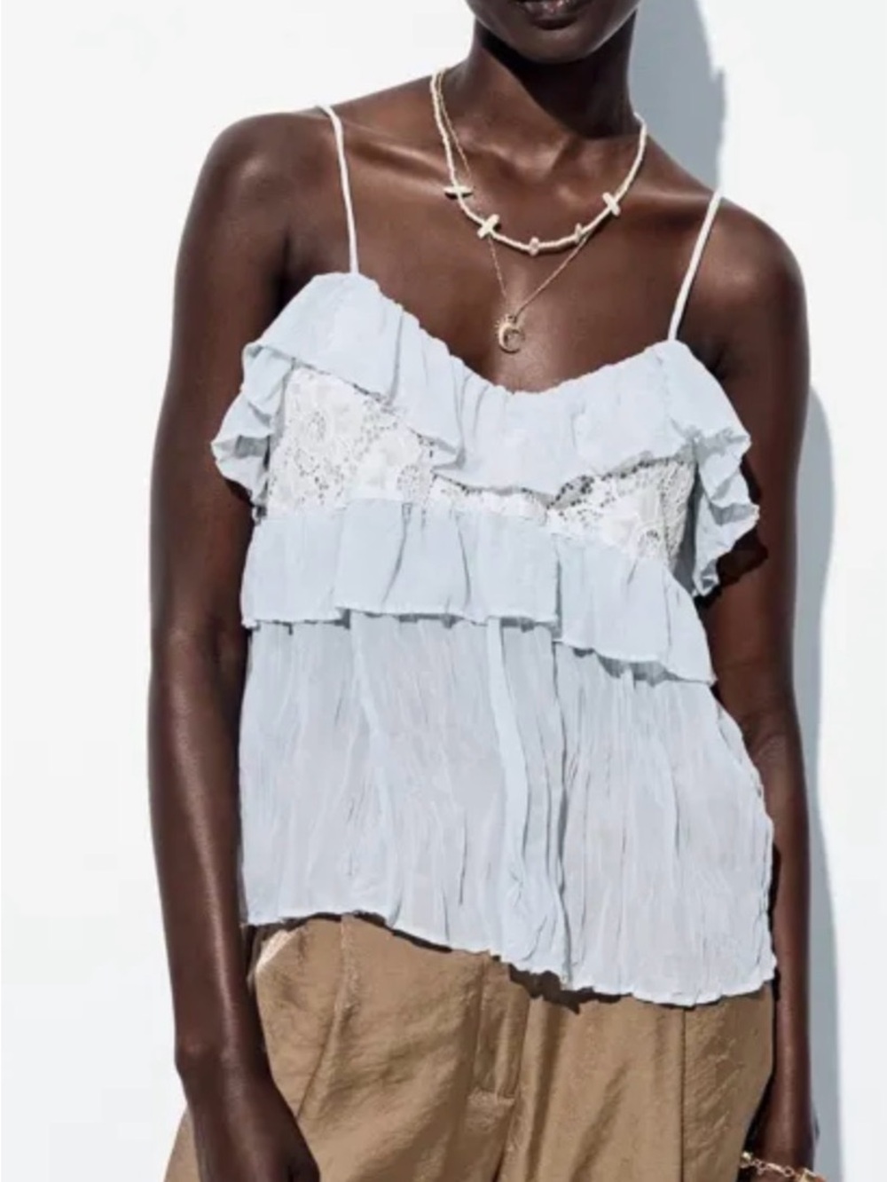 ZARA Lightweight White Ruffle Crochet-Trim Cami Top size small - Picture 5 of 10